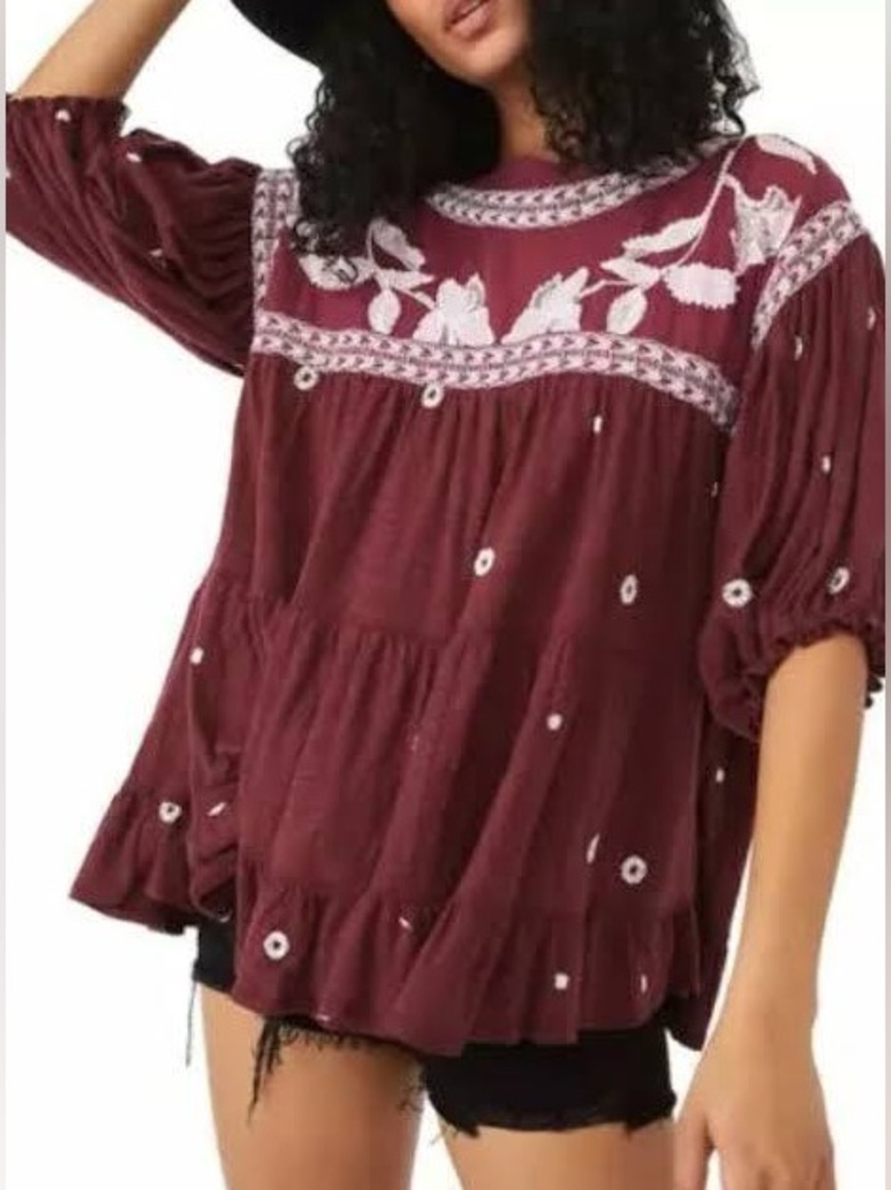 Free People Edie Top Sweet Raisin Combo Embroidered Boho Babydoll Top Blouse M